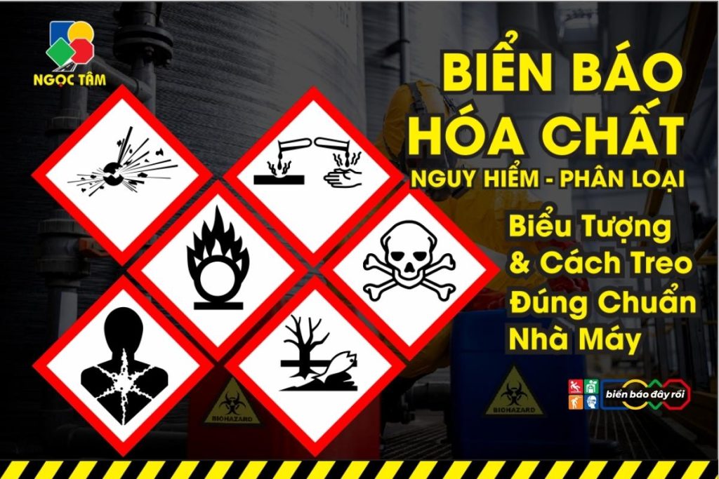 Biển báo hóa chất nguy hại trong nhà máy với các ký hiệu cảnh báo hóa chất độc hại, dễ cháy, ăn mòn và nguy hiểm cho sức khỏe
