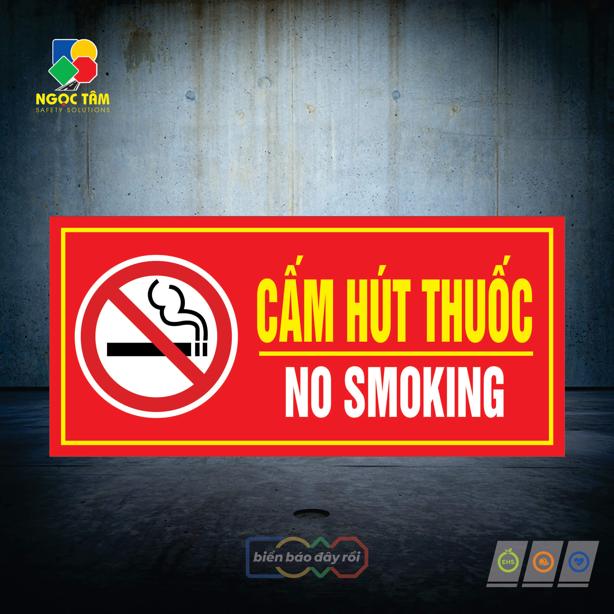 Biển cấm hút thuốc No Smoking hình tam giác đỏ vàng cảnh báo PCCC