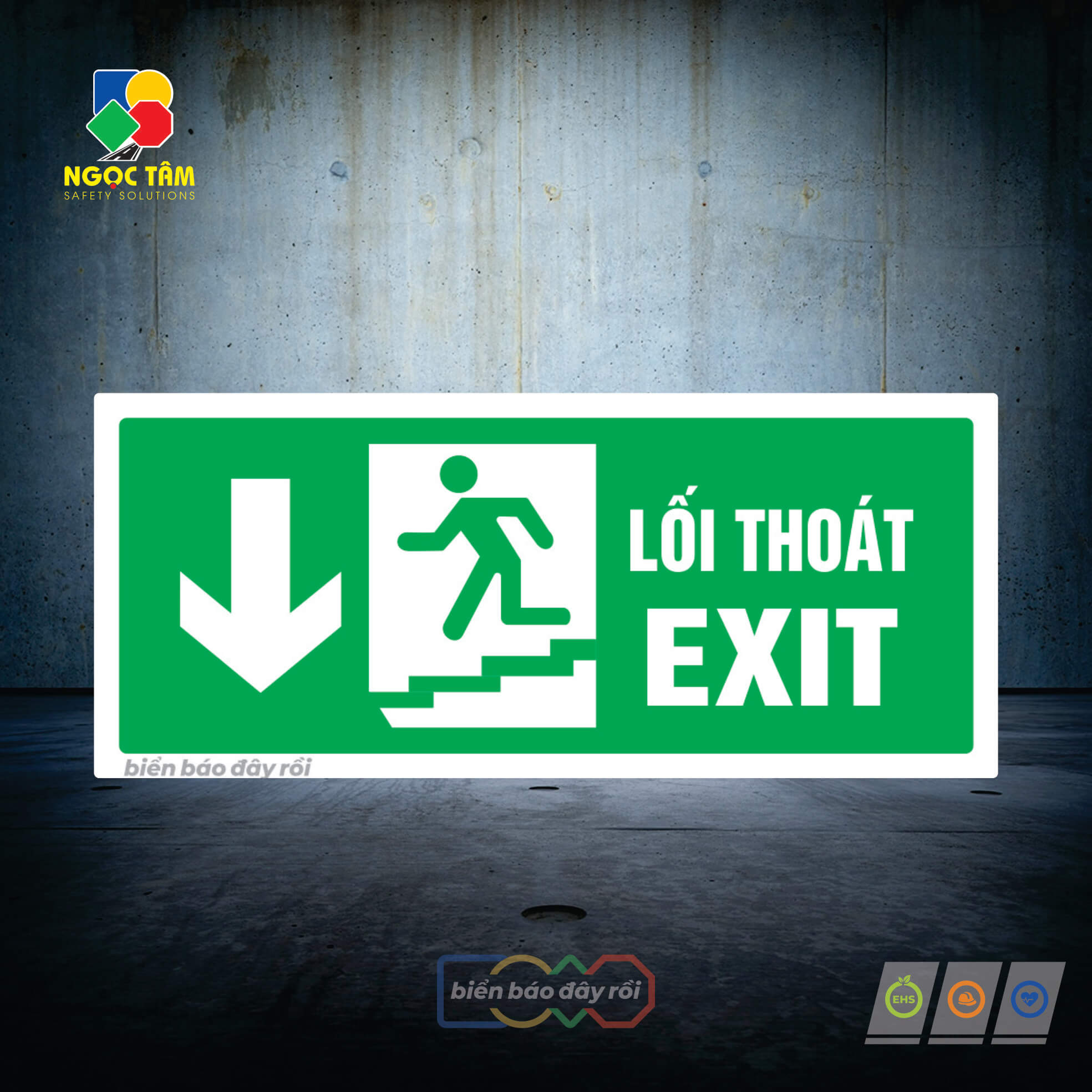 Biển lối thoát EXIT bên cầu thang xuống